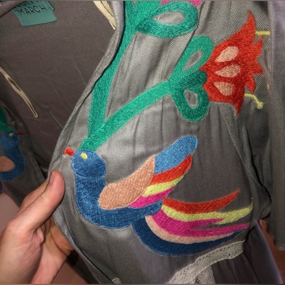 Judith March Bird Embroidered Lace Trim Maxi Duster Kimono L Grey Boho Festival - Picture 7 of 9